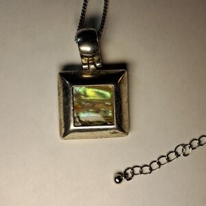 Vintage Silvertone & Abalone Inlay Square Pendant Necklace
